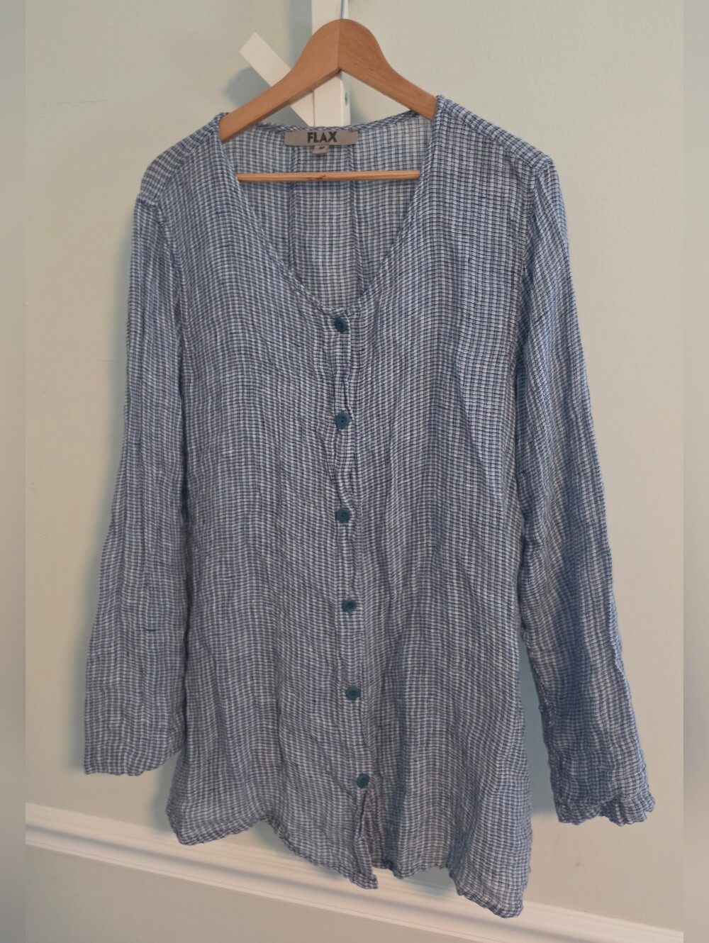 FLAX Linen Button Front V-Neck Tunic Top Blue Check Medium Boho